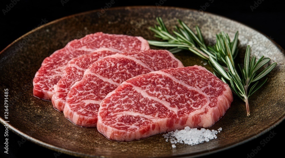 Premium marbled beef cuts displayed on a rustic plate Premium marbled beef cuts displayed on a rustic plate