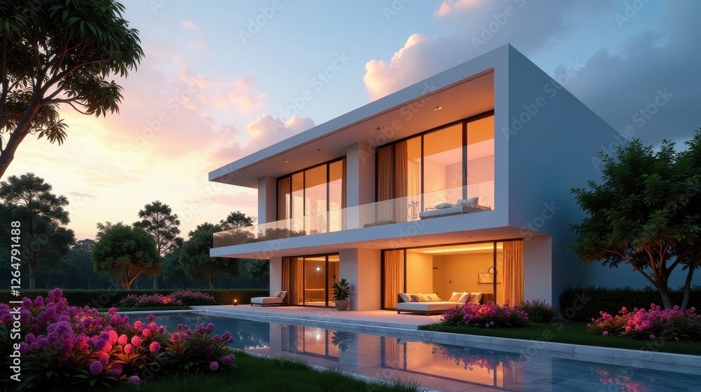 Fototapeta premium Modern Architectural Design Luxurious Two-Story Home with Infinity Pool at Sunset