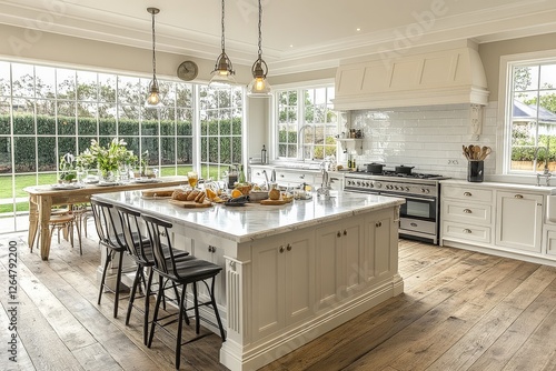 Bright, spacious kitchen with large windows and elegant dining area for entertaining guests and enjoying meals together photo