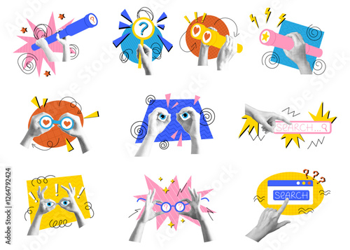 Arms gesture. Magnifying glass. Arms with telescope or spyglass. Collage halftone. Look through binoculars. Search bar. Discovery of vision business. Vector focus strategy garish doodle concepts set