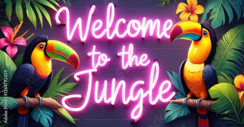 Fototapeta Naklejka Na Ścianę i Meble -  Neon sign reading Welcome to the Jungle in vibrant pink, surrounded by toucans perched on tropical foliage, with colorful flowers and leaves, evoking an exotic jungle vibe