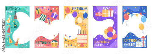 Birthday frame. Greeting card for kids happy celebration. Photo background template. Party post with balloon and cake. Cartoon child border. Holiday picture pattern. Vector baby garish banners set