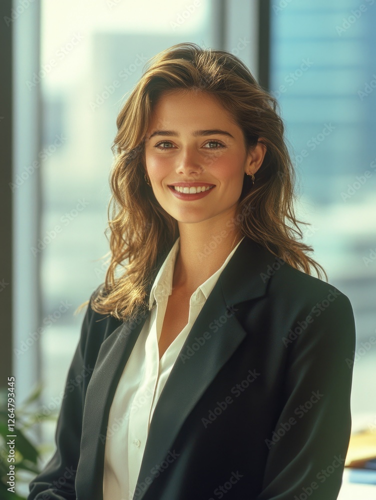 Smiling businesswoman in a modern office setting, posing for a corporate portrait. Smiling businesswoman in a modern office setting, posing for a corporate portrait.
