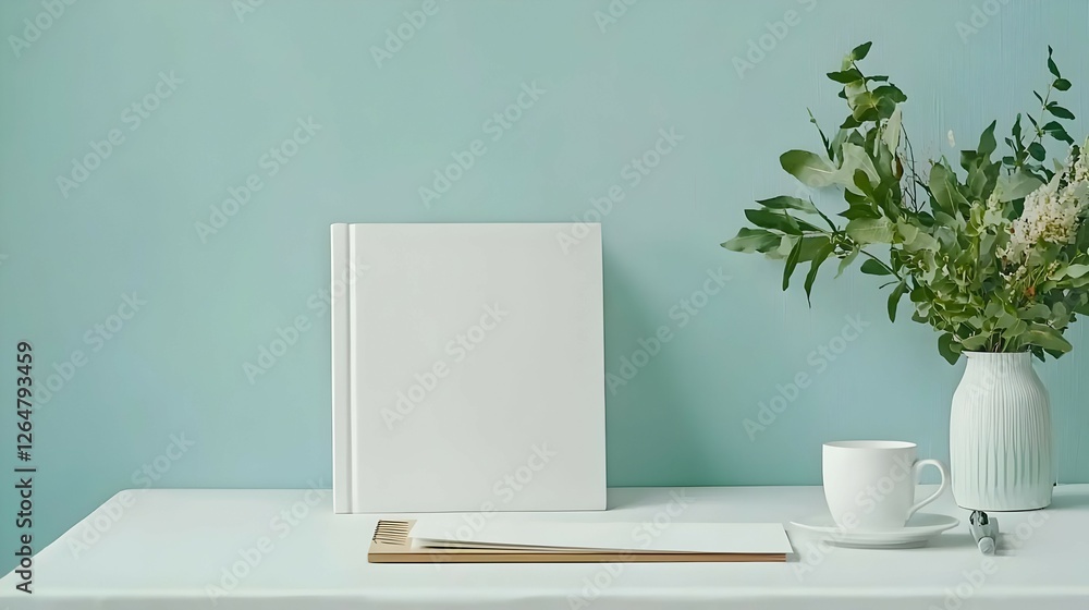 White Book Mockup on Pastel Blue Desk with Flowers White Book Mockup on Pastel Blue Desk with Flowers