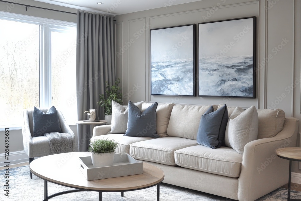 Modern living room design featuring cozy sofa and ocean-themed artwork in bright, airy space Modern living room design featuring cozy sofa and ocean-themed artwork in bright, airy space