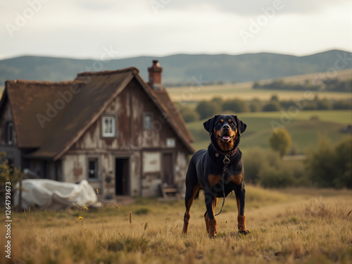 Loyal Rottweiler in Golden Grass Field with Rustic Farmhouse Background photo