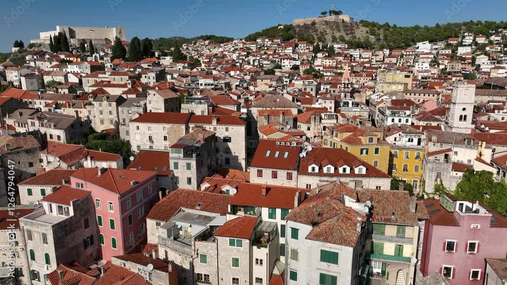 Sibenik City Town Houses In Summer In Central Dalmatia, Croatia. - aerial shot Sibenik City Town Houses In Summer In Central Dalmatia, Croatia. - aerial shot