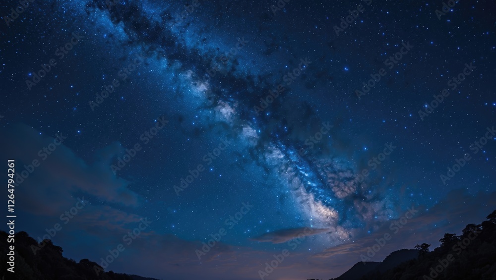 Milky Way Galaxy over a dark landscape with clear night sky and scattered stars in the background Copy Space Milky Way Galaxy over a dark landscape with clear night sky and scattered stars in the background Copy Space