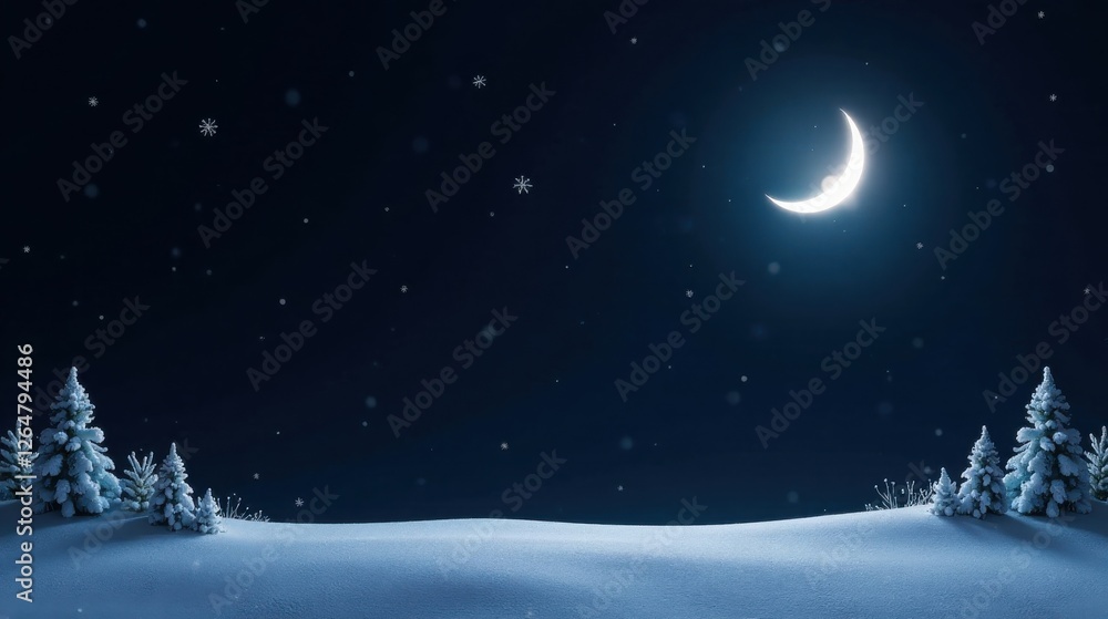 Serene Winter Night Scene with Snow Covered Evergreens Under a Crescent Moon Serene Winter Night Scene with Snow Covered Evergreens Under a Crescent Moon