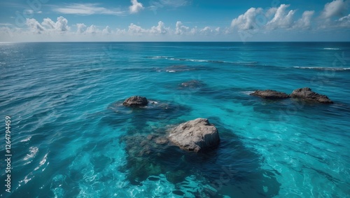 Wallpaper Mural Clear turquoise ocean water with visible rocks and white clouds in the sky, ideal for travel and nature themes, Copy Space available. Torontodigital.ca