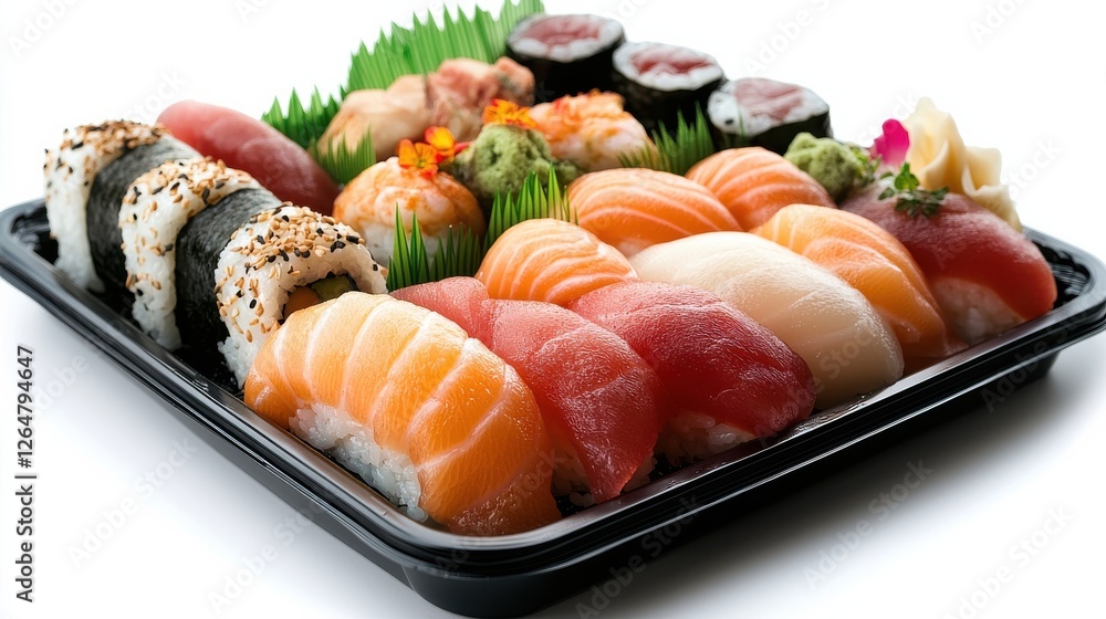 Vibrant Sushi Platter Showcasing an Exquisite Assortment of Fresh Sashimi Nigiri and Maki Rolls with Japanese Seafood and Vegetables Artfully Arranged on a Serving Dish Vibrant Sushi Platter Showcasing an Exquisite Assortment of Fresh Sashimi Nigiri and Maki Rolls with Japanese Seafood and Vegetables Artfully Arranged on a Serving Dish