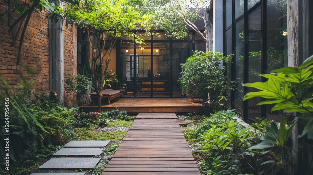 Obraz premium Serene courtyard features wood pathway lush greenery and natural light