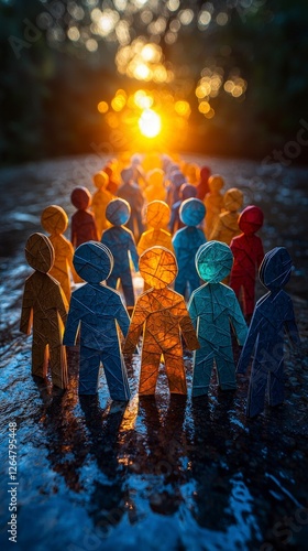 A line of vibrant paper figures stands hand in hand, illuminated by a beautiful sunset, symbolizing unity and diversity among people in a creative and artistic way.