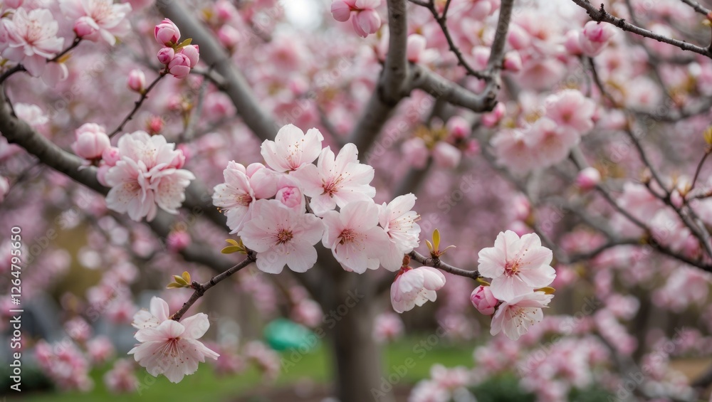 Pink cherry blossom flowers blooming on branches in a garden setting with blurred background and Copy Space for text placement Pink cherry blossom flowers blooming on branches in a garden setting with blurred background and Copy Space for text placement
