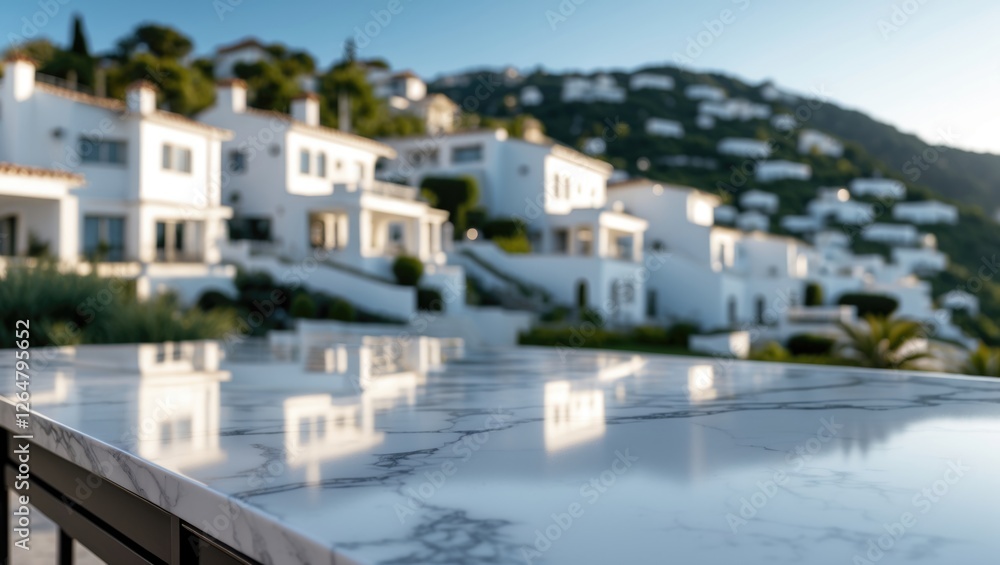 Modern marble countertop with reflections showcasing luxury villas on a hillside in soft evening light with greenery surrounding the area Copy Space Modern marble countertop with reflections showcasing luxury villas on a hillside in soft evening light with greenery surrounding the area Copy Space