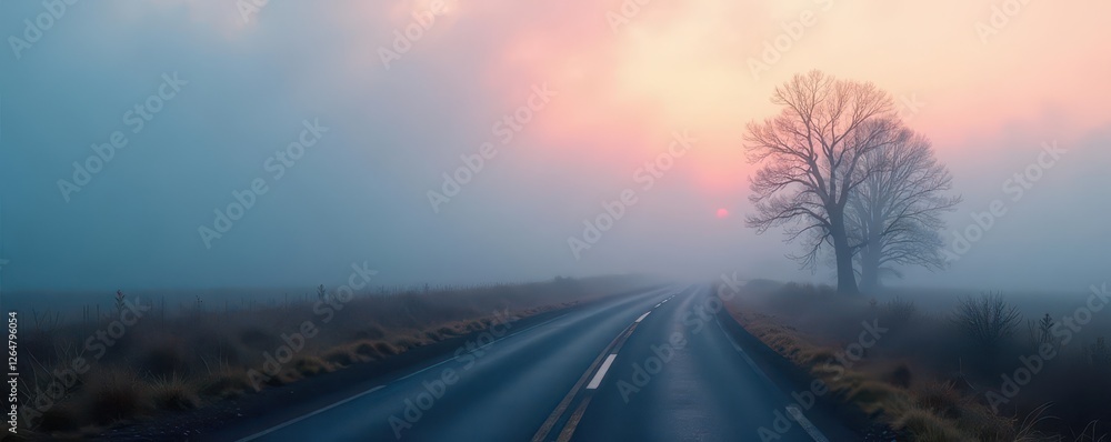 Fototapeta premium Dense fog blankets a desolate scene, visibility near zero , cold, shadow, calm