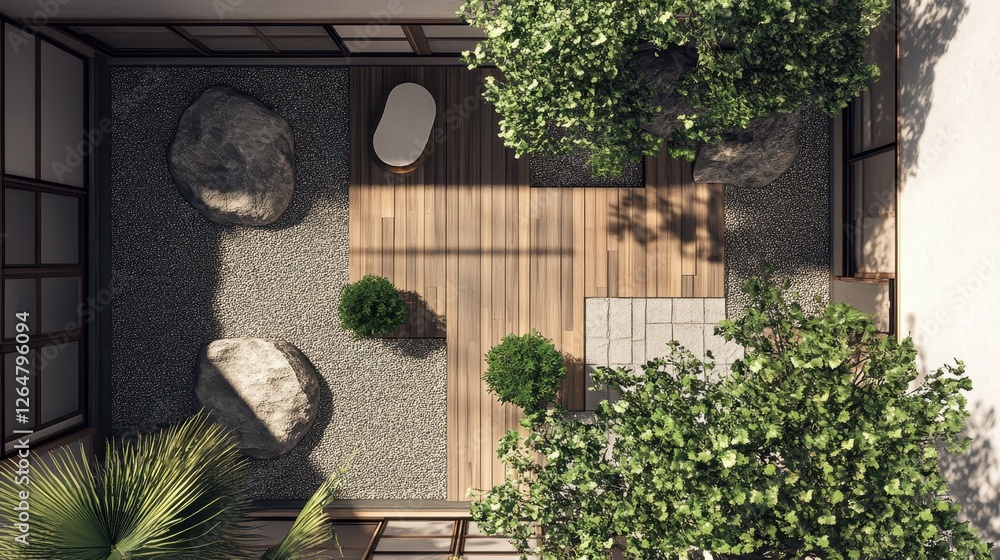 Fototapeta premium Aerial shot shows zen garden with rocks and foliage