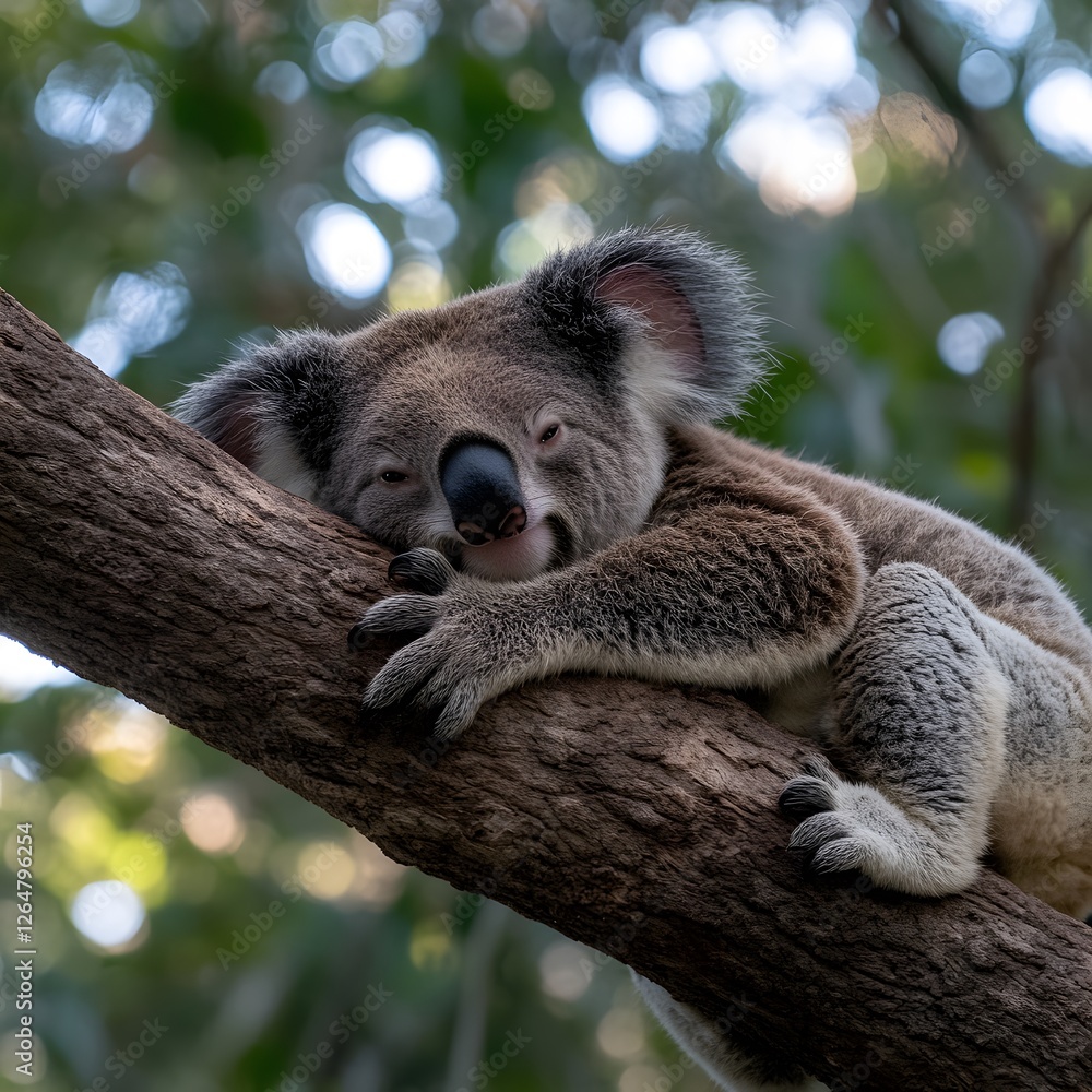 Naklejka premium Sleepy koala resting on eucalyptus branch, forest bokeh background, wildlife poster