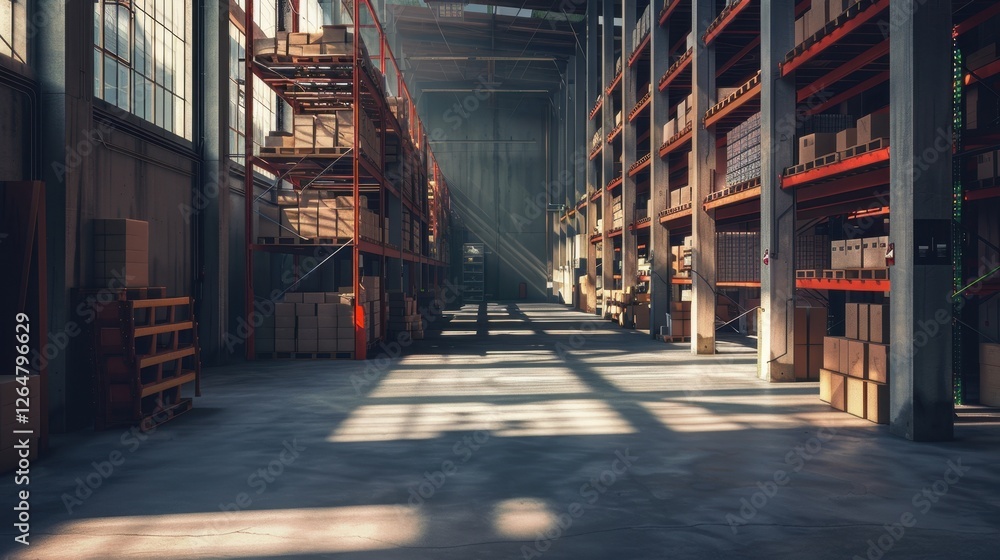 Fototapeta premium Vast Industrial Warehouse Interior Under Sunlight