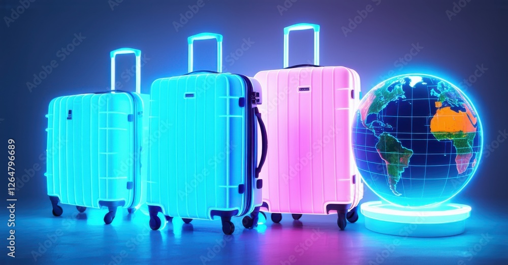 Obraz premium Three neon suitcases in blue and pink glow beside an illuminated globe on a reflective floor, creating a futuristic travel atmosphere with vibrant colors and sleek design