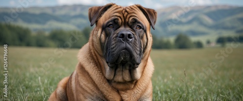 Large brown dog sitting on green grass with mountains in the background Copy Space photo