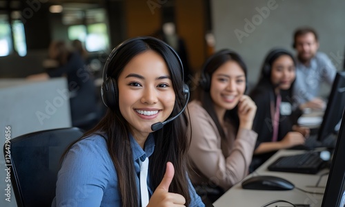 Smiling agent thumbs-up, office call center, teamwork background, customer service