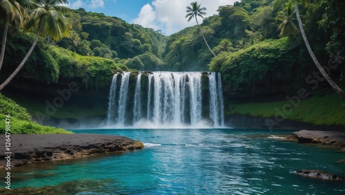 Tropical waterfall cascading into clear blue pool surrounded by lush greenery and palm trees Copy Space