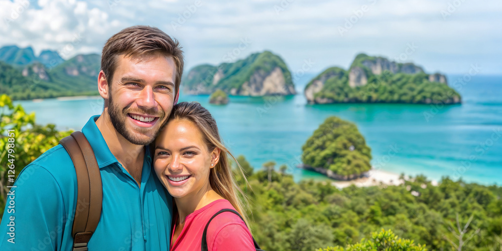 A man and a woman, both smiling brightly, are posing joyfully for a picture in front of a beautiful body of water, enjoying their time together A man and a woman, both smiling brightly, are posing joyfully for a picture in front of a beautiful body of water, enjoying their time together