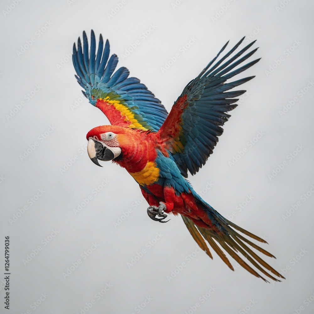Fototapeta premium A macaw parrot in mid-flight, colorful feathers radiating, pure white background.