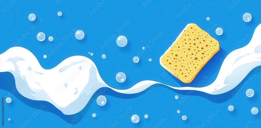 Cleaning Illustration with Sponge and Bubbles