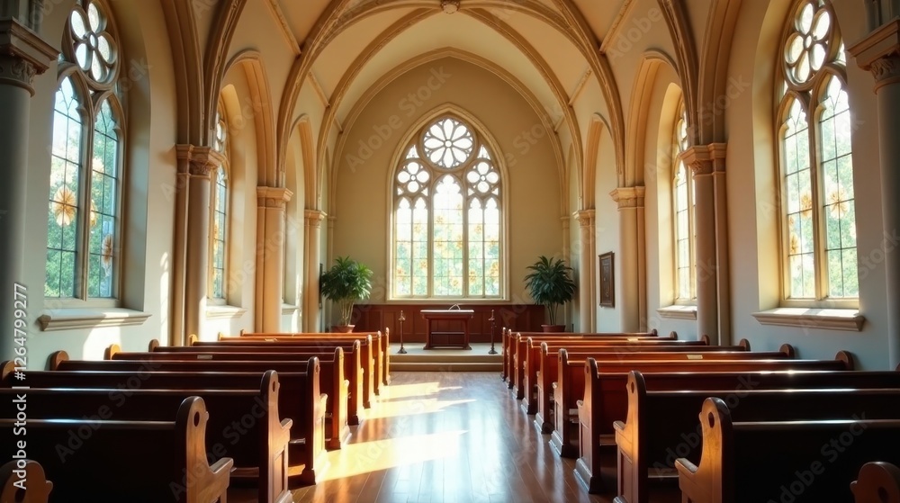 Fototapeta premium Serene Chapel Interior with Sunlight Streaming Through Gothic Windows and Rows of Wooden Pews
