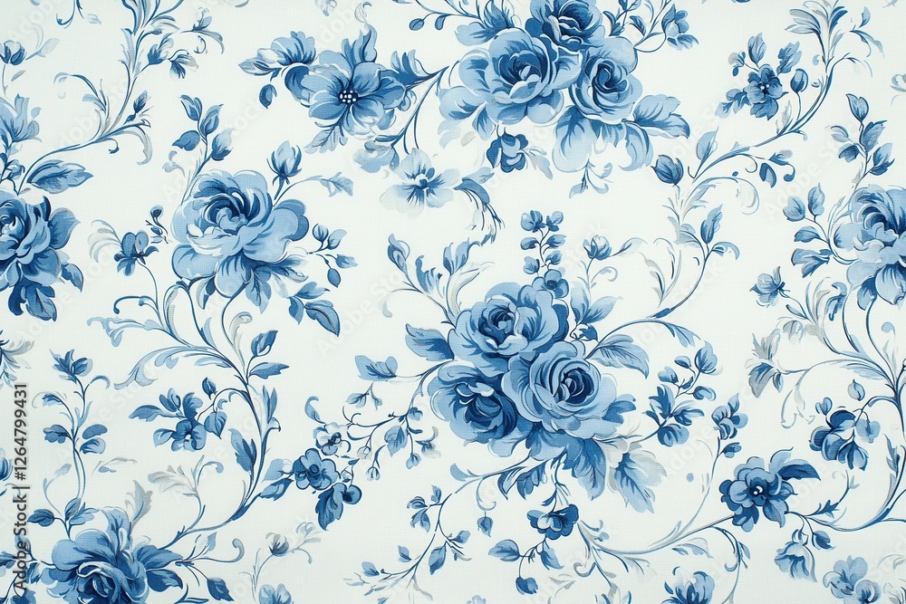A delicate blue floral pattern adorns a white background, featuring roses and intricate vines, creating an elegant and classic design. A delicate blue floral pattern adorns a white background, featuring roses and intricate vines, creating an elegant and classic design.