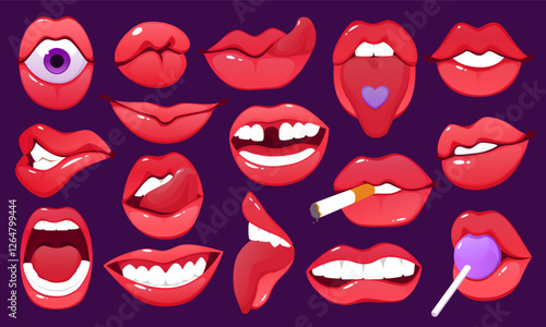 Mouth expressions. Smiling female. Open lips. Sticking out tongue. Sad face or laugh. Facial teeth visible. Surprised gesture. Lolli or cigarette. Candy eye. Red cosmetic lipstick. Vector cartoon set