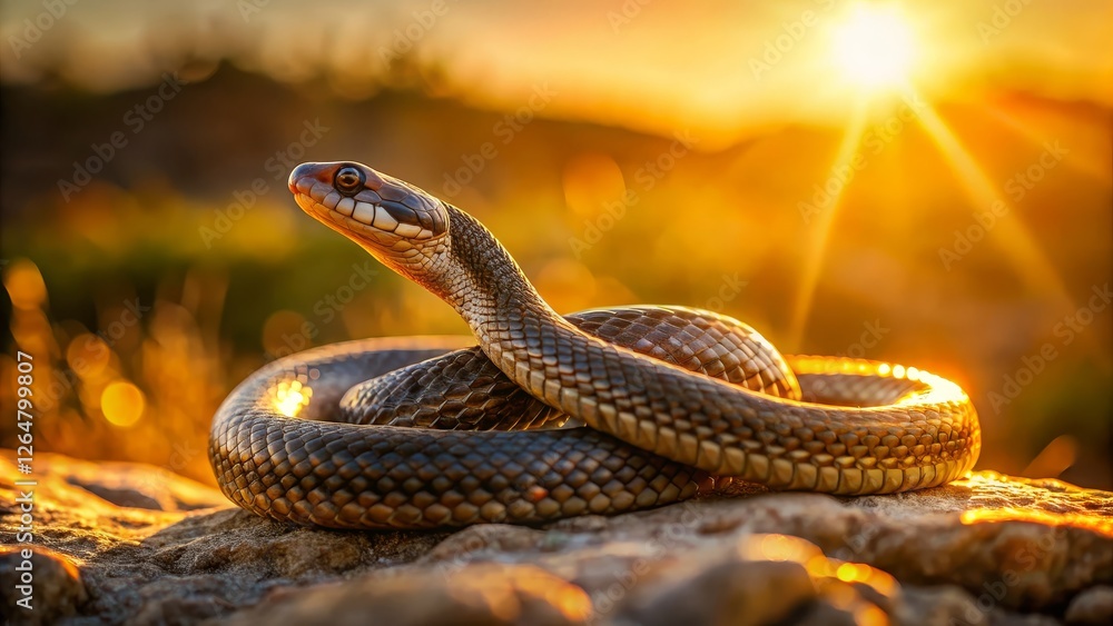 Fototapeta premium Beautiful Snake Coiled on Rock with Glowing Sunset Background