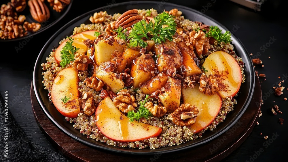 Vegan recipes superfoods dishes concept. A vibrant dish featuring quinoa topped with caramelized apples, walnuts, and herbs, creating a deliciously healthy meal. Vegan recipes superfoods dishes concept. A vibrant dish featuring quinoa topped with caramelized apples, walnuts, and herbs, creating a deliciously healthy meal.