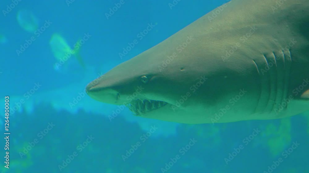Shark swims near smaller fish in vibrant aquarium water showcasing marine life diversity Shark swims near smaller fish in vibrant aquarium water showcasing marine life diversity