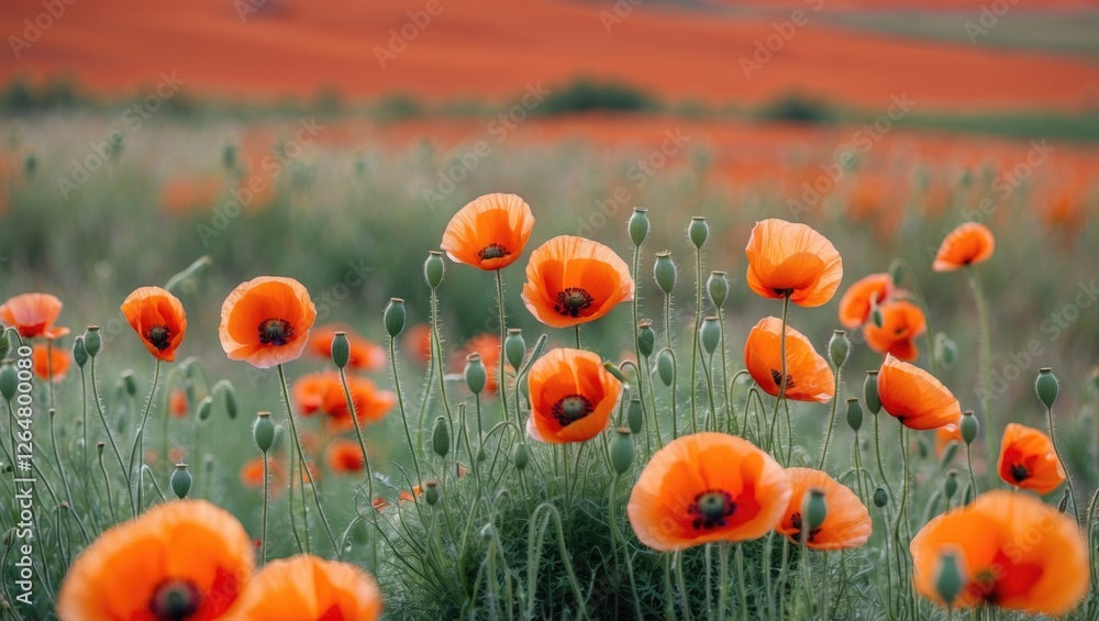 Obraz premium Vibrant field of orange poppies in bloom with blurred background of rolling hills and green grass Copy Space