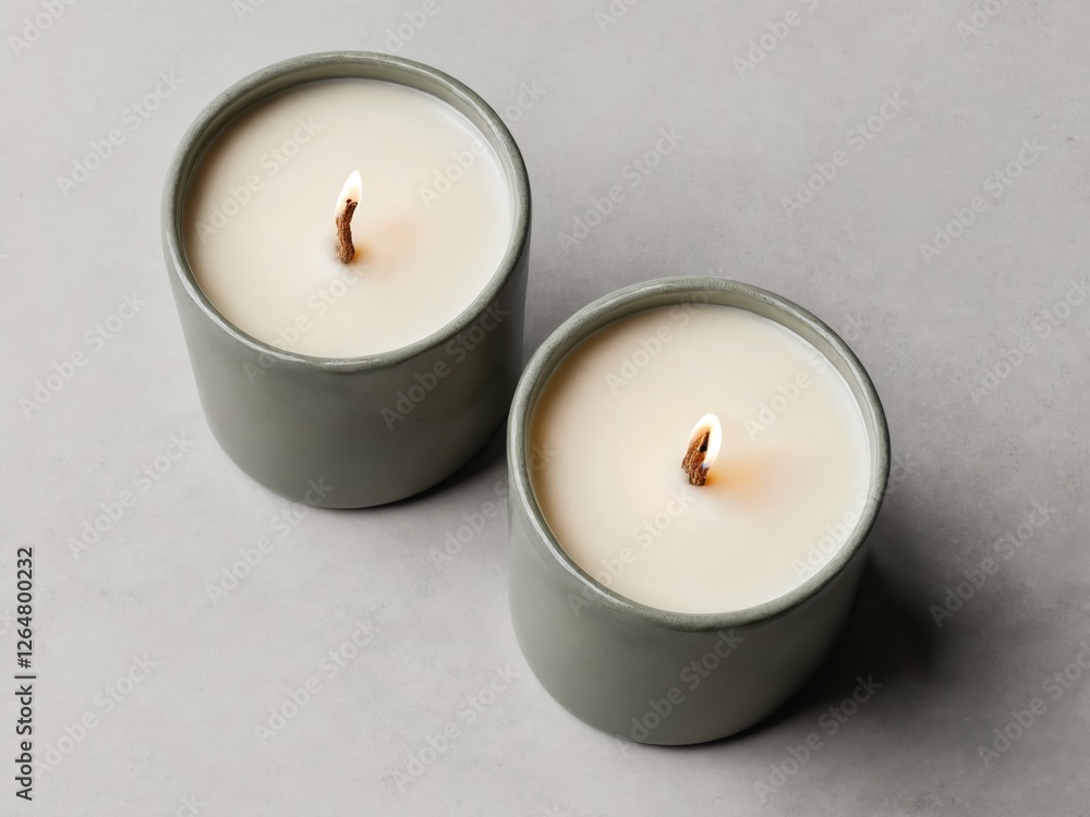 Two lit candles in gray ceramic containers Two lit candles in gray ceramic containers