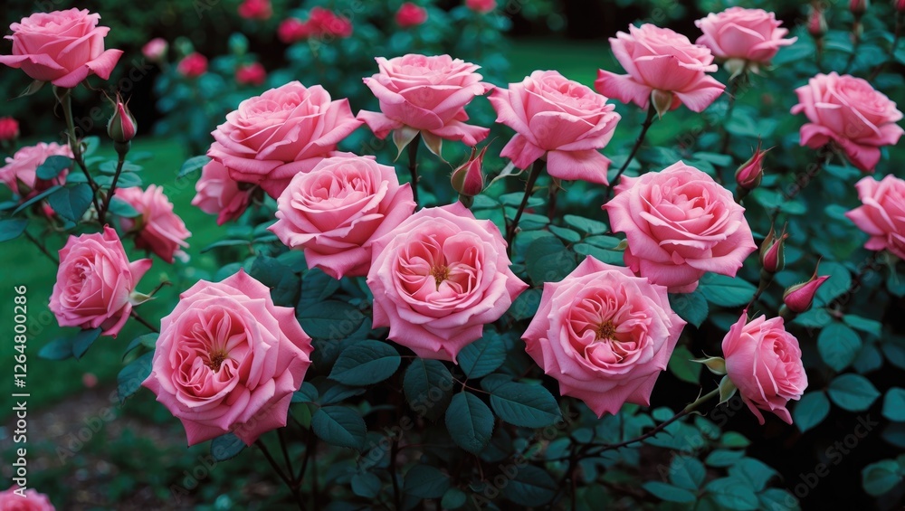 Fototapeta premium Pink roses in full bloom surrounded by lush green foliage in a vibrant garden setting with ample Copy Space for text placement