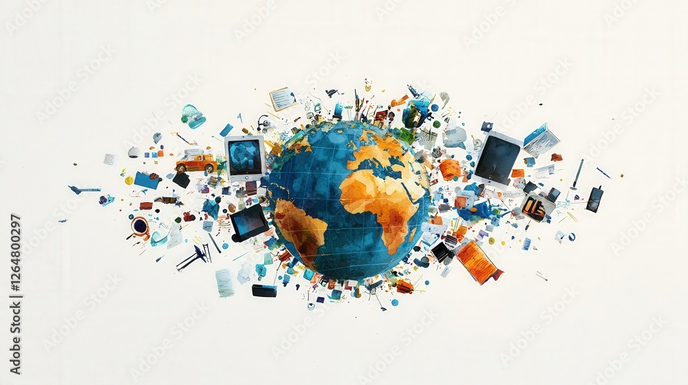 Fototapeta premium A painting of a globe with many objects on it, including a cell phone, a computer, and a television