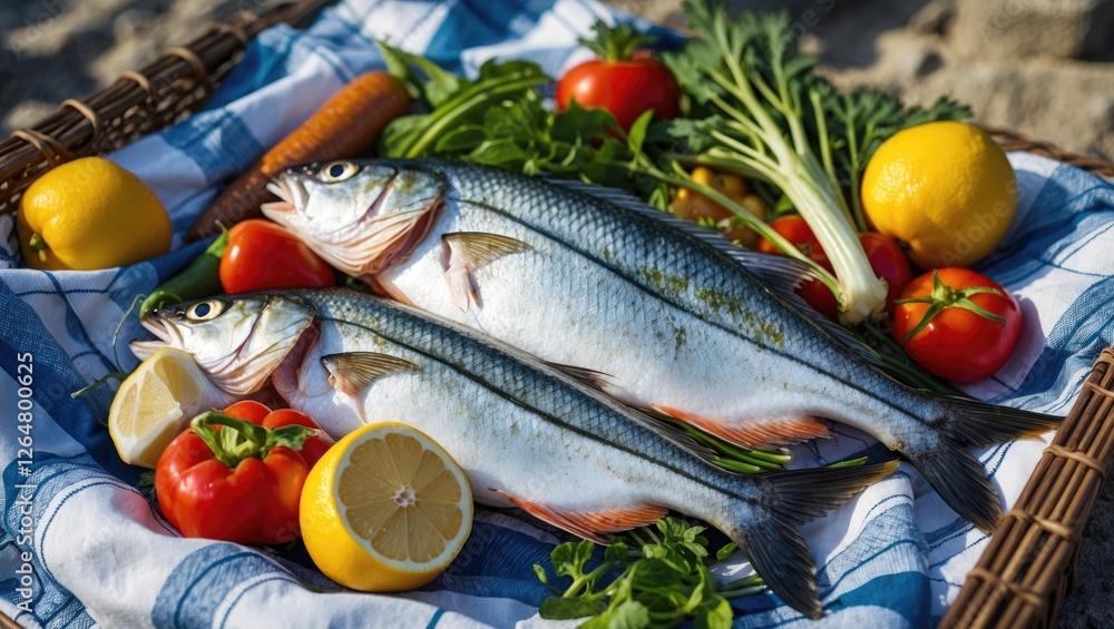 Freshly caught fish arranged with vegetables and fruits on a picnic blanket with copy space for text Freshly caught fish arranged with vegetables and fruits on a picnic blanket with copy space for text