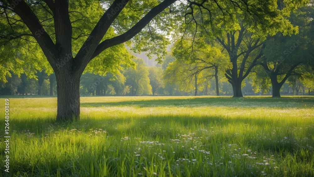 Naklejka premium Lush green landscape with large trees and soft grass under gentle morning light natural setting with copy space for text