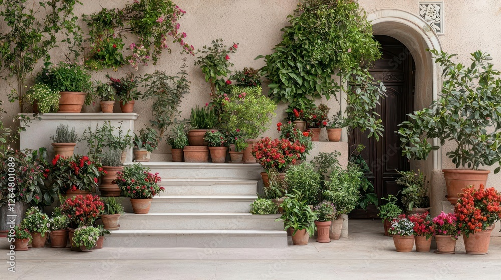 Naklejka premium Terracotta Potted Plants And Flowers On Stone Steps