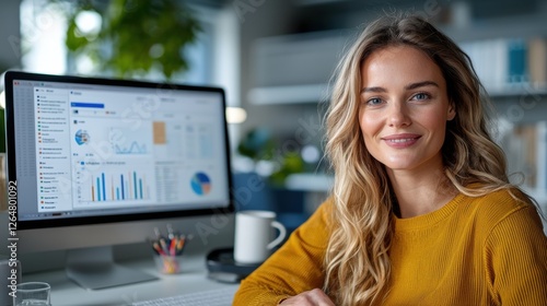 Successful professional woman working on computer and analyzing business data statistics and financial reports in a modern and efficient office workspace