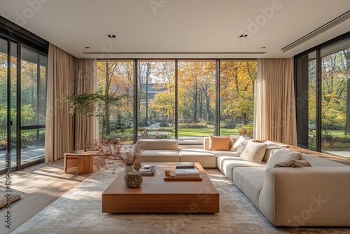 Cozy living room showcasing modern design with large windows and autumn scenery outside