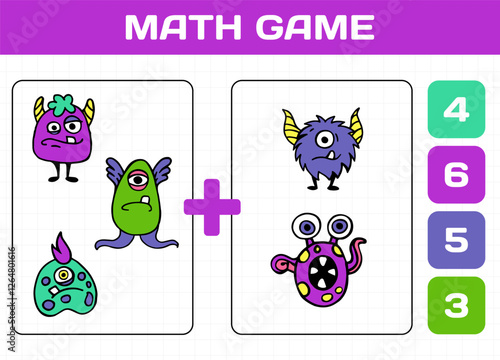 Cute monsters. Math game. Aliens counting. Workbook test. Kids preschool worksheet. How many mutants. Children task. Calculation exercise. Kindergarten brainteaser. Vector educational puzzle design