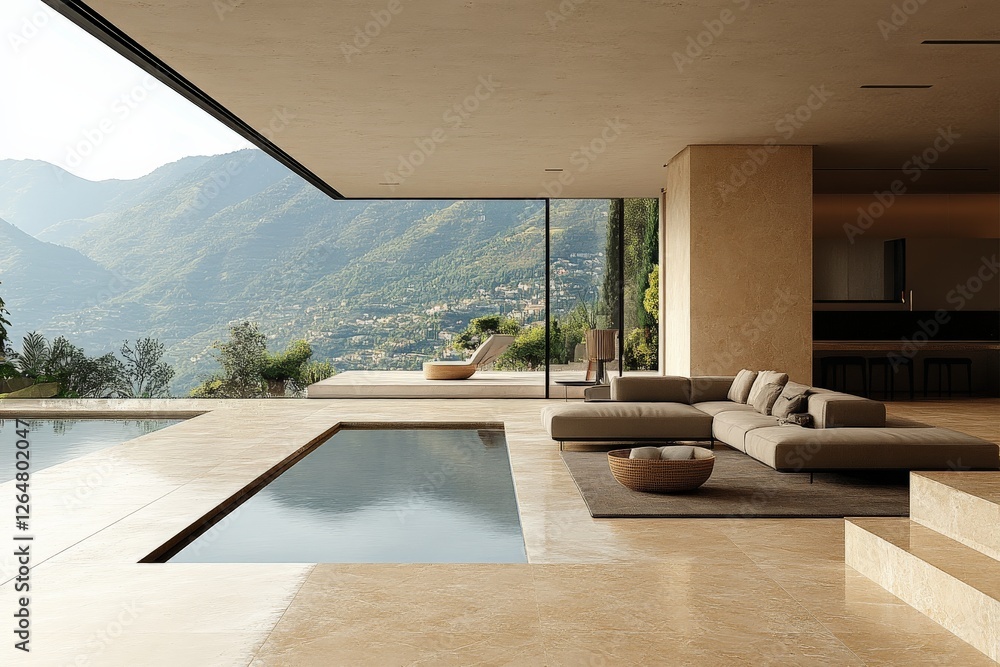 Fototapeta premium Luxurious modern villa with stunning mountain view and serene poolside relaxation area during daytime
