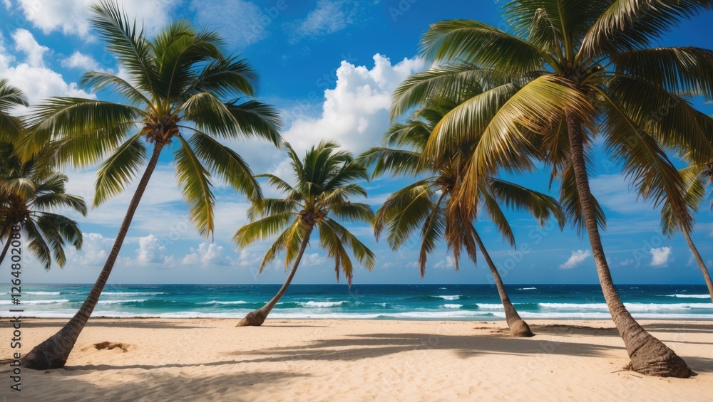 Tropical beach scene with palm trees and turquoise ocean under a blue sky with fluffy clouds Copy Space Tropical beach scene with palm trees and turquoise ocean under a blue sky with fluffy clouds Copy Space