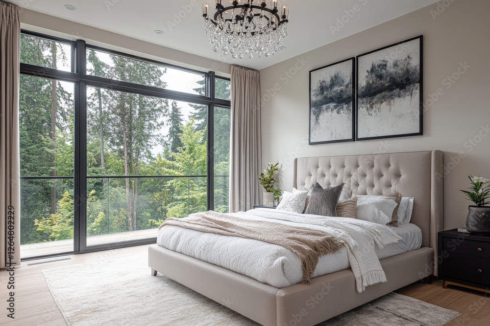 Modern bedroom design featuring elegant furniture and large windows overlooking a serene forest setting Modern bedroom design featuring elegant furniture and large windows overlooking a serene forest setting