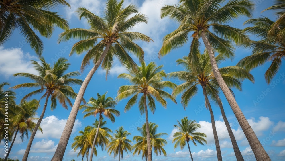 Tropical palm trees against a bright blue sky with fluffy clouds copy space Tropical palm trees against a bright blue sky with fluffy clouds copy space